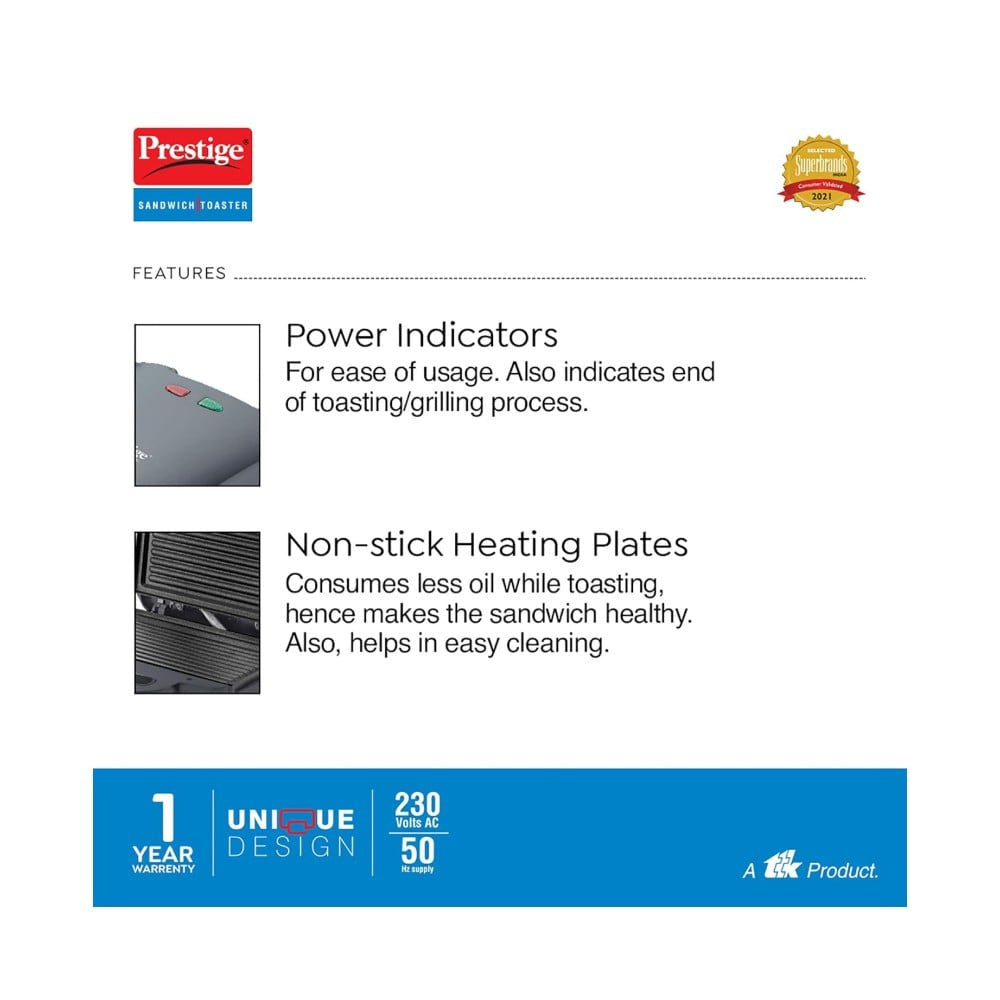 Prestige Grill Sandwich Maker with Fixed Grill Plates (800W, Black) : 1 unit