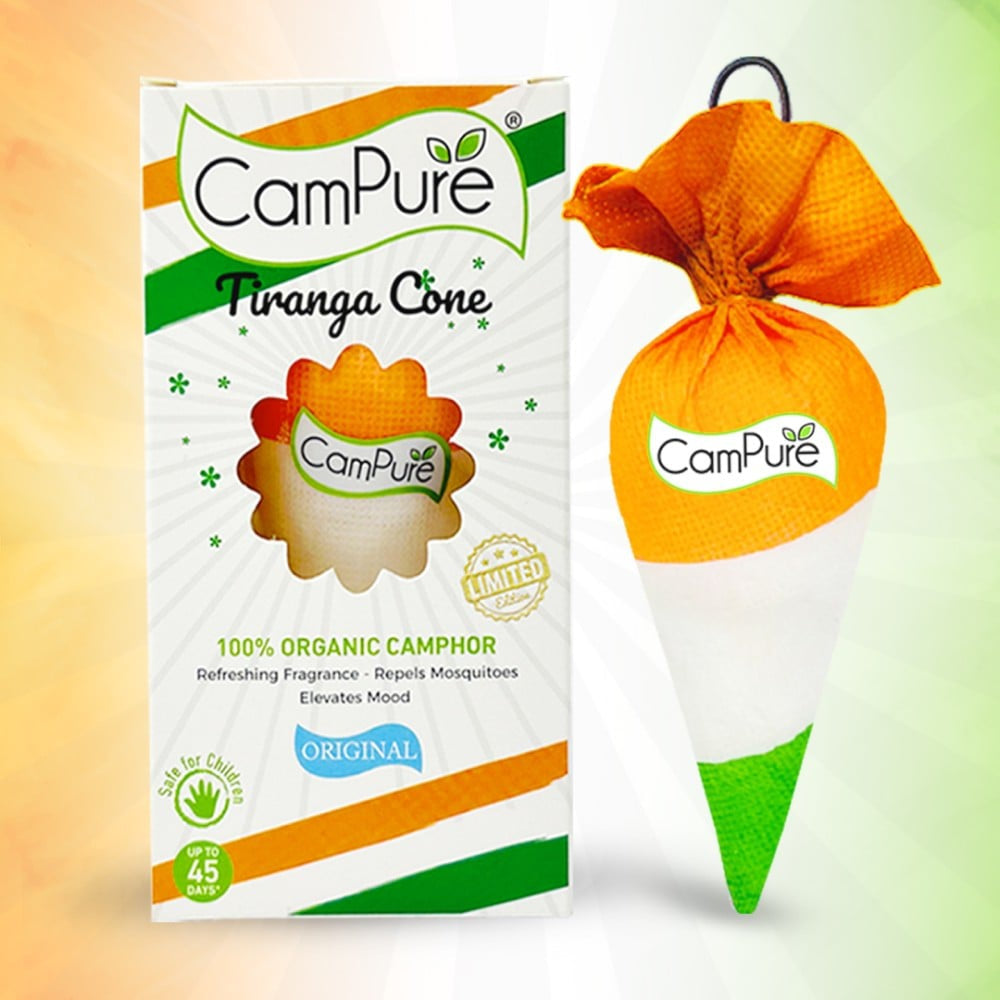 CamPure 100% Organic Camphor Tiranga Car Freshener Cone : 60 g