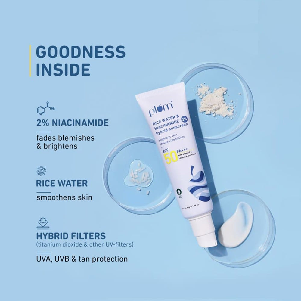 Plum Rice Water & Niacinamide Hybrid Sunscreen (SPF 50, PA +++) - Pack of 2 : 2 x 50 g