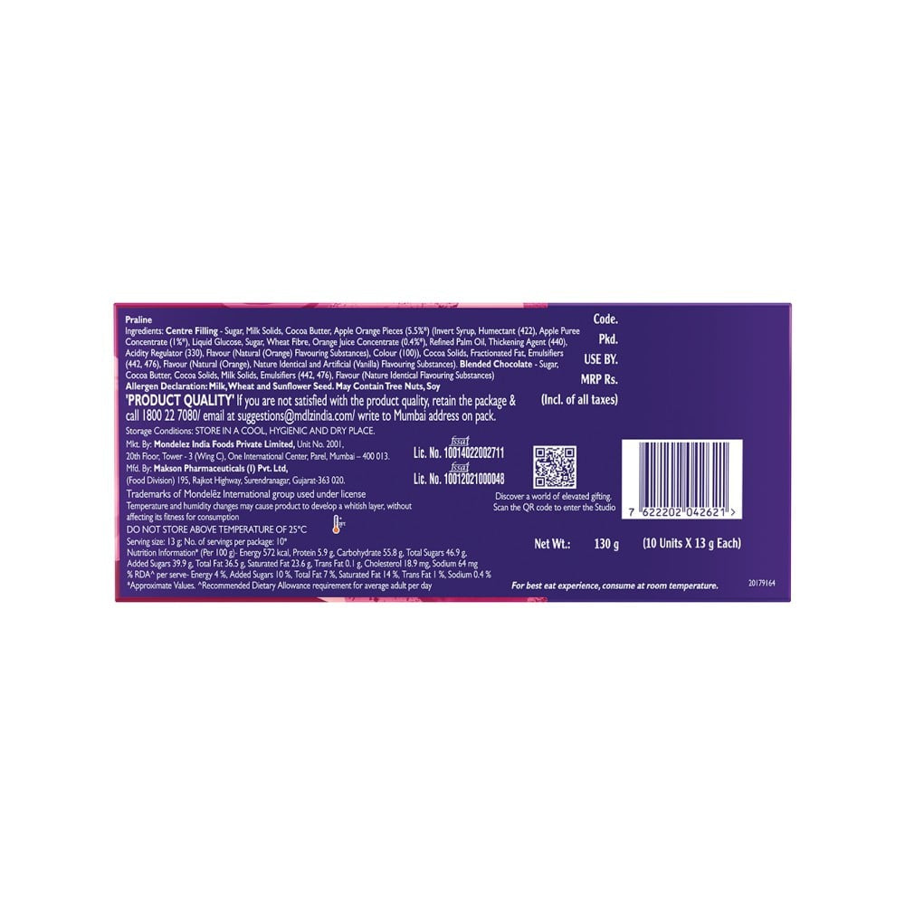 Cadbury Studio Chocolat A L'Orange Signature Pralines Chocolate Gift Pack : 130 g (10 x 13 g)