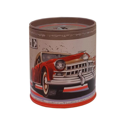 Cylindrical Metal Piggy Bank with Classic Car Design