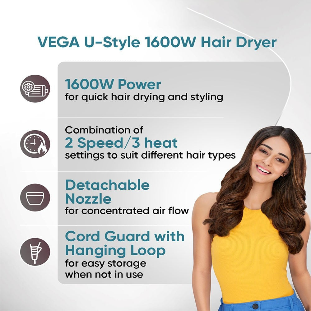 Vega U Style Foldable Hair Dryer, VHDH-24 (Black, 1600W) : 1 unit