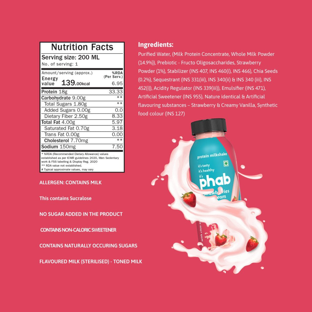 Phab 18g Protein Milkshake - Strawberries & Cream (No Added Sugar) : 200 ml