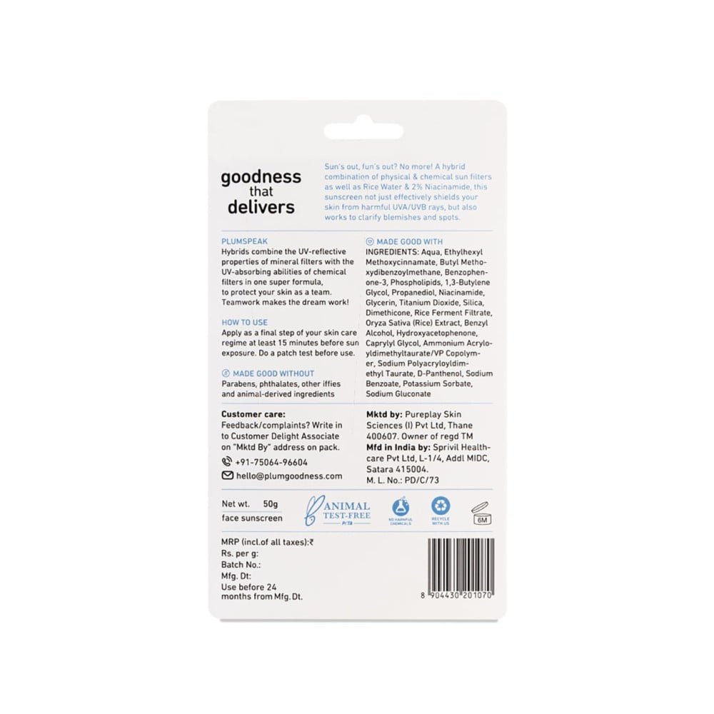 Plum Rice Water & Niacinamide Hybrid Sunscreen (SPF 50, PA +++) - Pack of 2 : 2 x 50 g