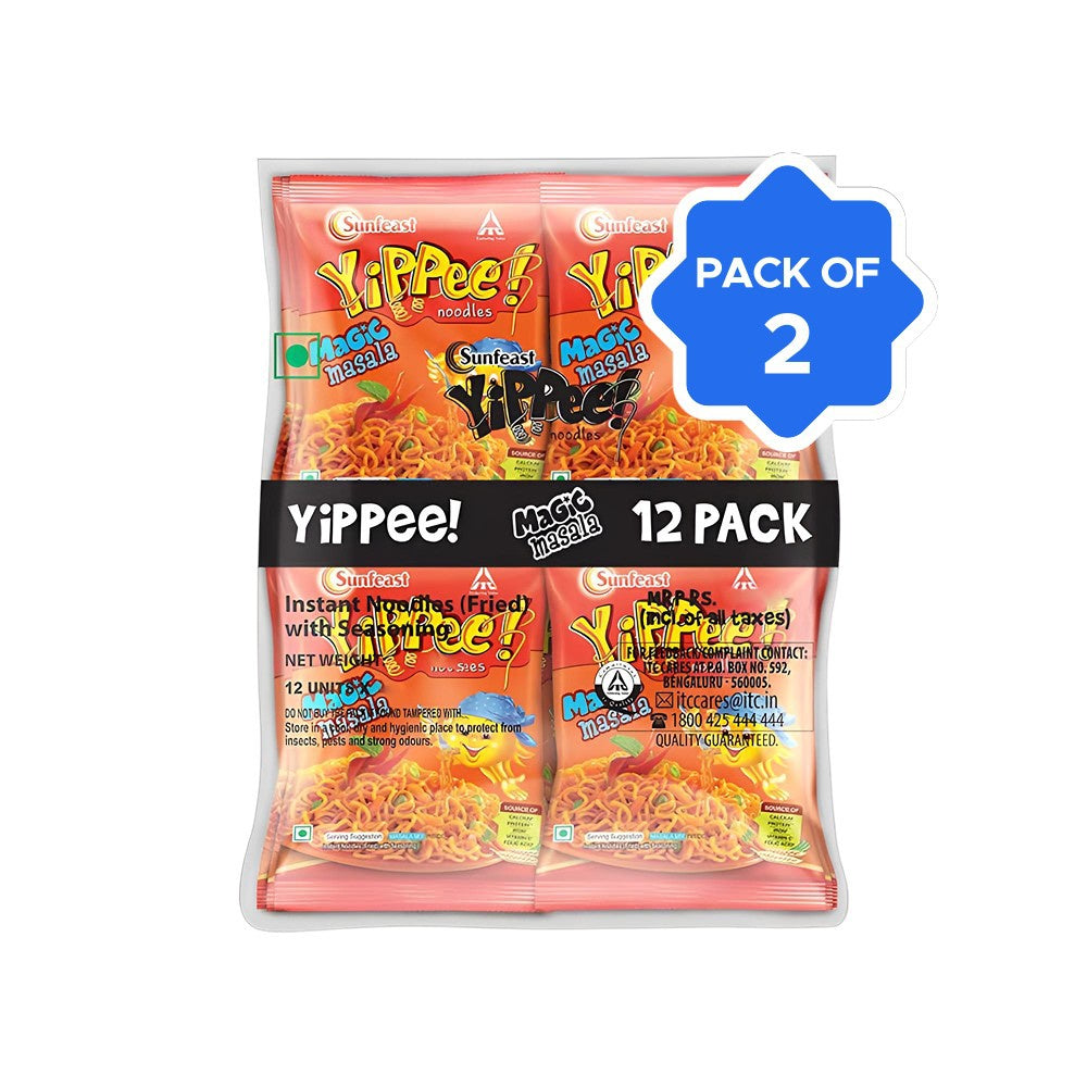 Yippee Magic Masala Instant Noodles with Added Veggies - Pack of 2 : 2 x 12 x 60 g