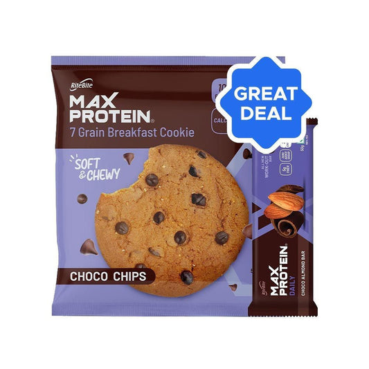 RiteBite Max Protein Daily Choco Almond Protein Bar + RiteBite Max Protein Choco Chips Cookies Combo : 55 g + 50 g