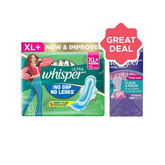 Whisper Daily Liners Clean & Fresh Panty Liners + Ultra Clean Sanitary Pads (15 pieces) Combo : 20 pieces + 15 pieces