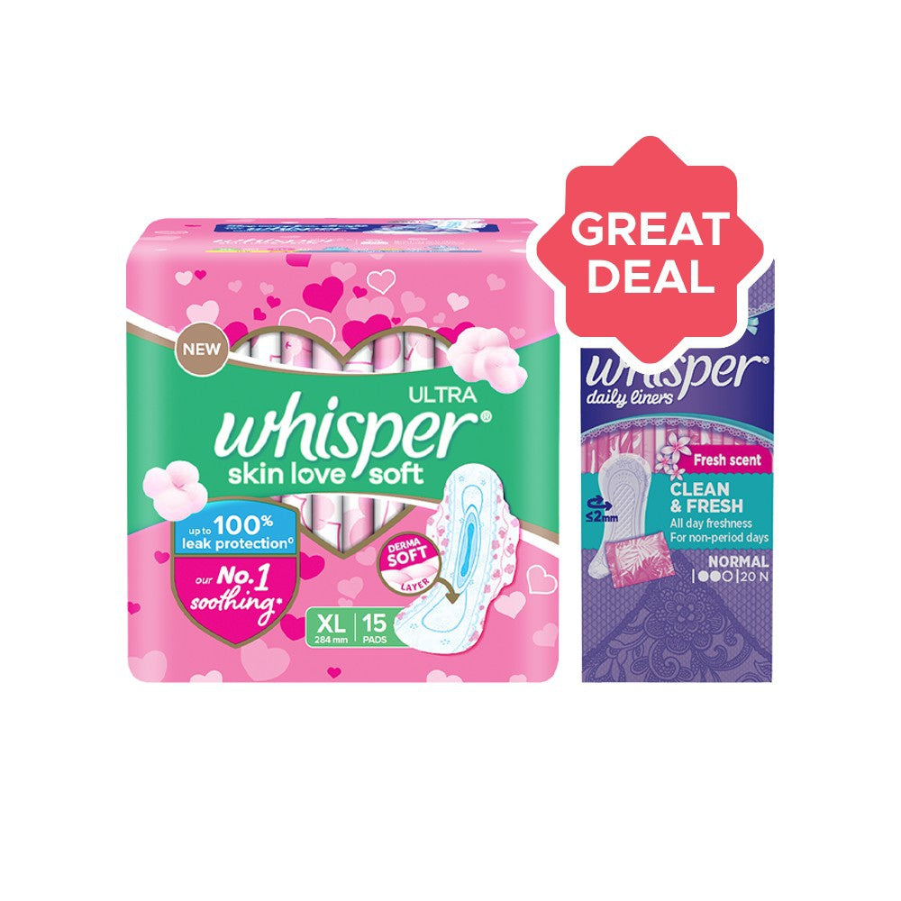 Whisper Daily Liners Clean & Fresh Panty Liners + Ultra Soft Air Fresh Pores Sanitary Pads Combo : 20 pieces + 1 pack (15 pieces)