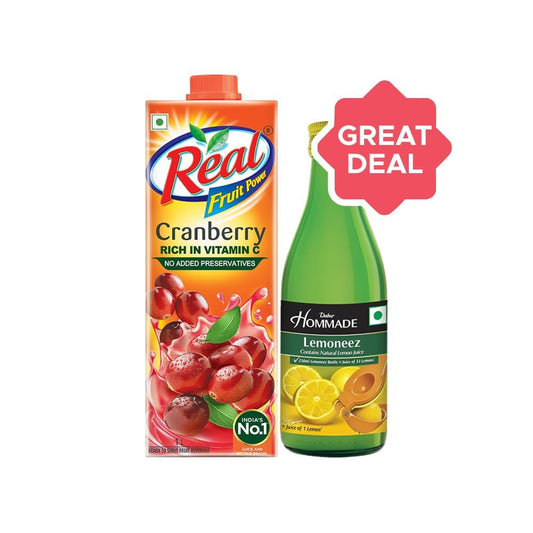 Hommade Lemoneez Syrup + Real Fruit Power Cranberry Juice Combo : 250 ml + 1 ltr