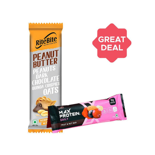 RiteBite Max Protein Energy Bar (Fruit and Nut) + Peanut Butter Dark Chocolate Quinoa Crispies Oats Nutrition Bar Combo : 50 g + 40 g