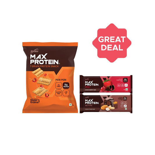 RiteBite Max Protein Active Choco Fudge Nutrition Bar + Max Protein Peri Peri Chips + Max Protein Daily Choco Berry Protein Bar Combo : 75 g + 60 g + 50 g