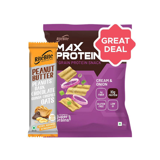 RiteBite Peanut Butter Dark Chocolate Quinoa Crispies Oats Nutrition Bar + Max Protein Cream & Onion Chips Combo : 40 g + 60 g