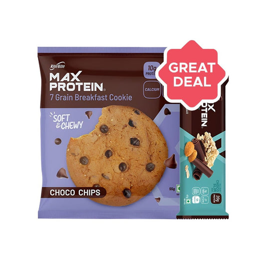 RiteBite Max Protein Active Choco Slim Nutrition Bar + Max Protein Choco Chips Cookies Combo : 67 g + 55 g