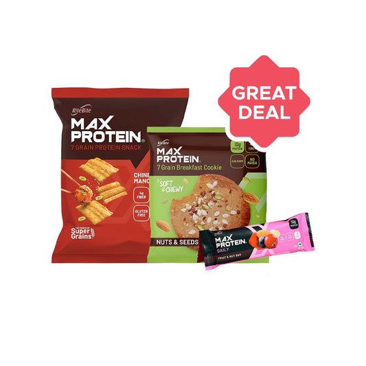RiteBite Max Protein Energy Bar (Fruit and Nut) + Max Protein Nuts & Seeds Cookies + Max Protein Chinese Manchurian Chips Combo : 50 g + 55 g + 60 g