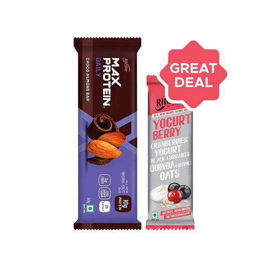 RiteBite Max Protein Daily Choco Almond Protein Bar + Yogurt Berry Nutrition Bar Combo : 50 g + 35 g