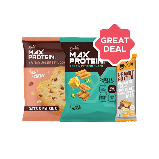 RiteBite Peanut Butter Dark Chocolate Quinoa Crispies Oats Nutrition Bar + Max Protein Oats & Raisins Cookies + Max Protein Cheese & Jalapeno Chips Combo : 40 g + 55 g + 60 g