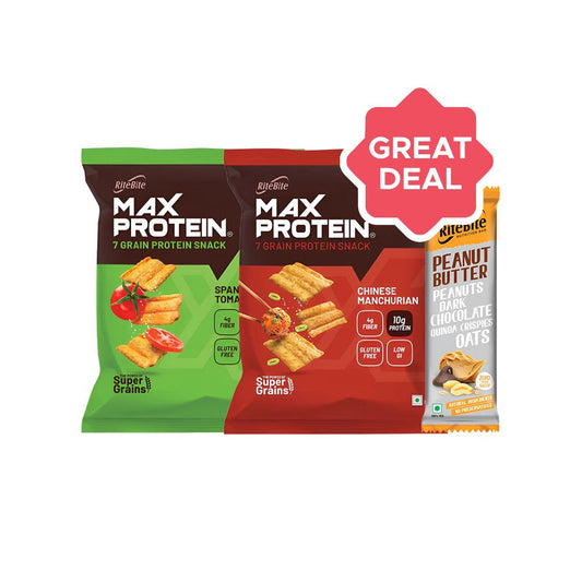 RiteBite Max Protein Spanish Tomato Chips + Peanut Butter Dark Chocolate Quinoa Crispies Oats Nutrition Bar + Max Protein Chinese Manchurian Chips Combo : 60 g + 40 g + 60 g