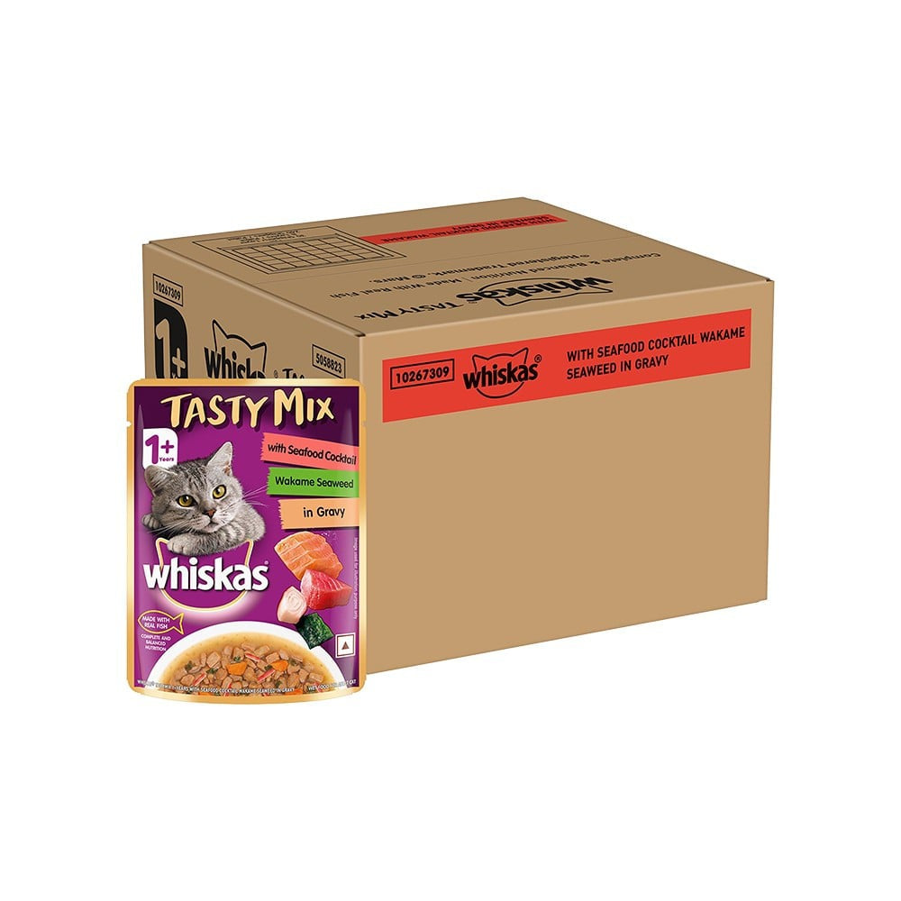 Whiskas Tasty Mix Wet Cat Food (Seafood Cocktail Wakame Seaweed in Gravy, 1+ Years) : 28 x 70 g
