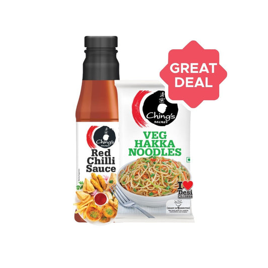 Ching's Secret Veg Hakka Noodles + Red Chilli Sauce, Bold, Fiery & Aromatic Combo : 140 g + 200 g