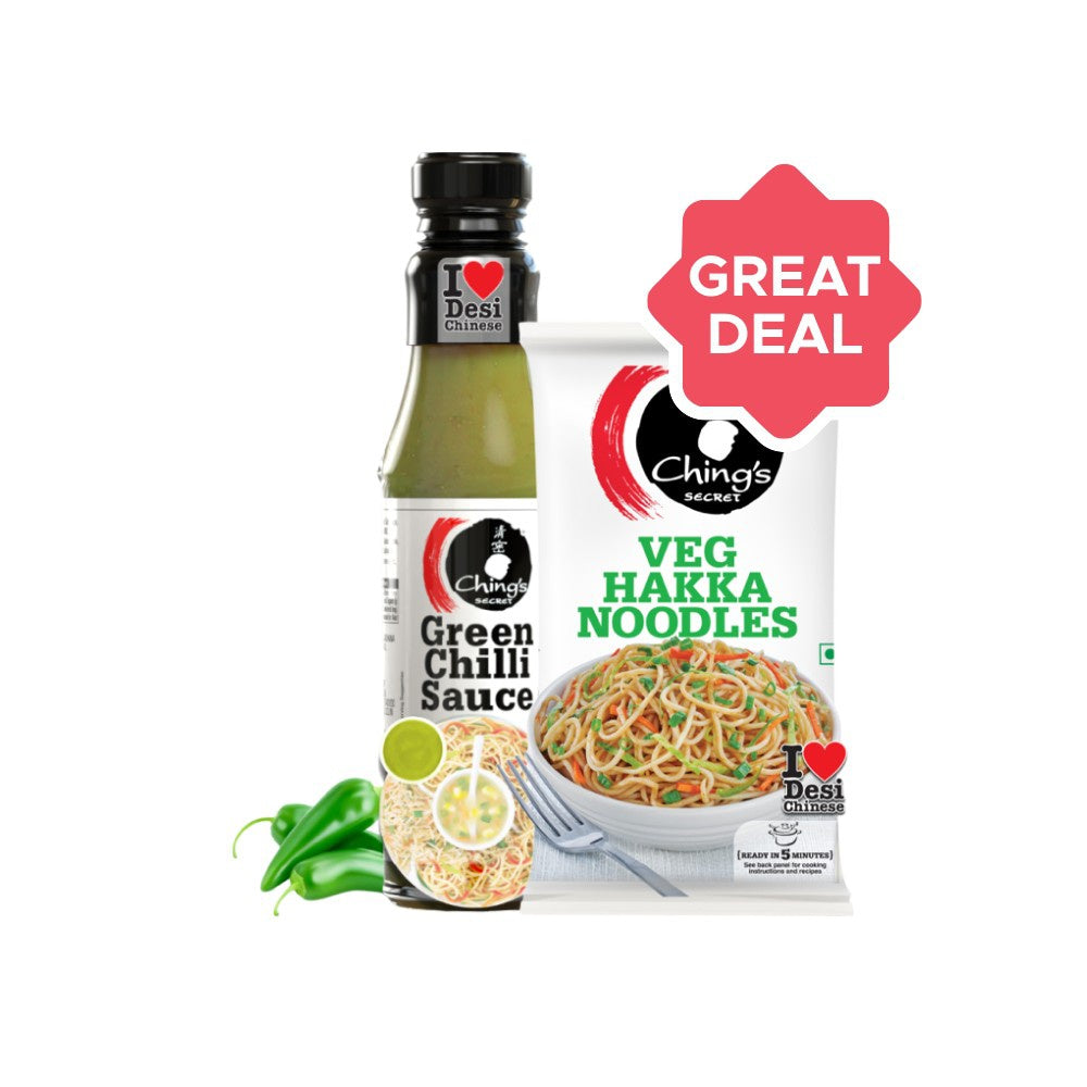 Ching's Secret Veg Hakka Noodles + Green Chilli Sauce Bold & Flavourful Combo : 140 g + 190 g