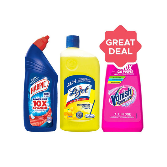 Vanish Oxi Action Fabric Stain Remover + Harpic Disinfectant Liquid Toilet Cleaner - (Original) + Lizol Disinfectant Surface & Floor Cleaner (Citrus) Combo : 400 ml + 1 ltr + 1 ltr