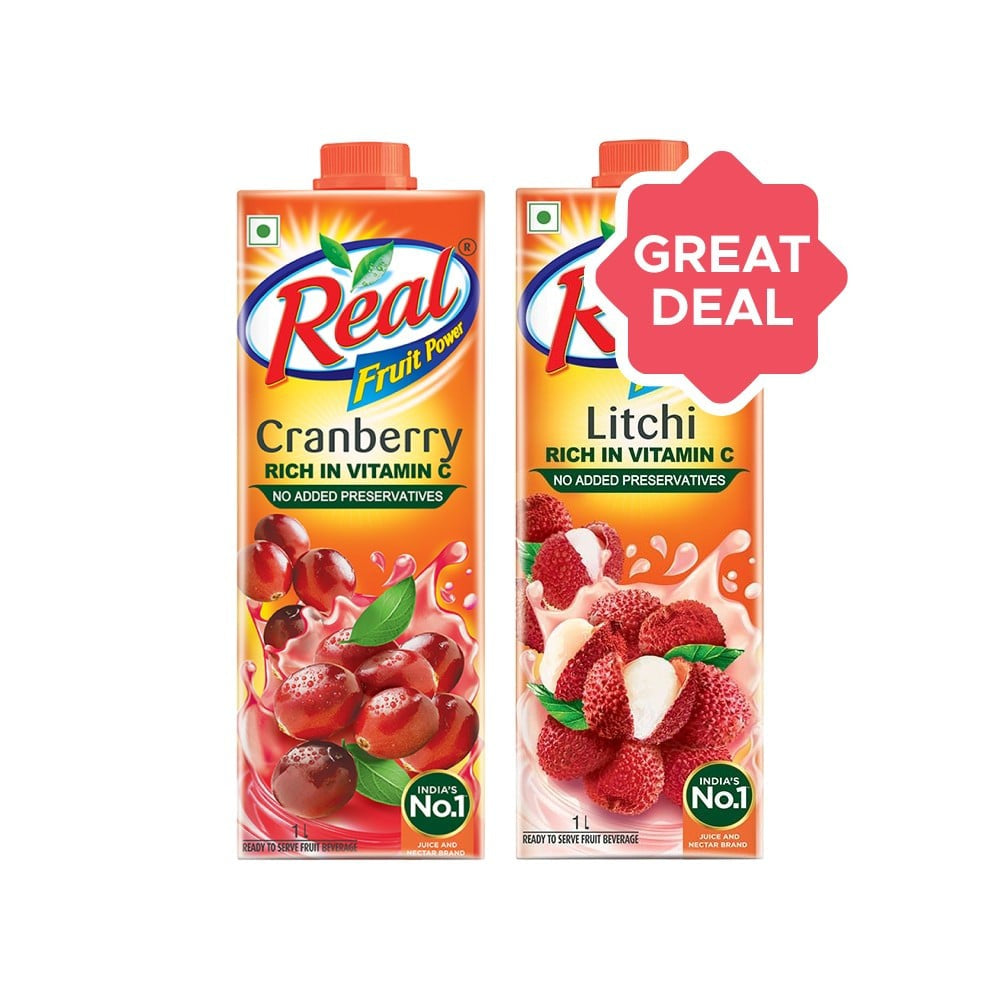 Real Fruit Power Cranberry Juice + Real Fruit Power Litchi Juice Combo : 1 ltr + 1 ltr