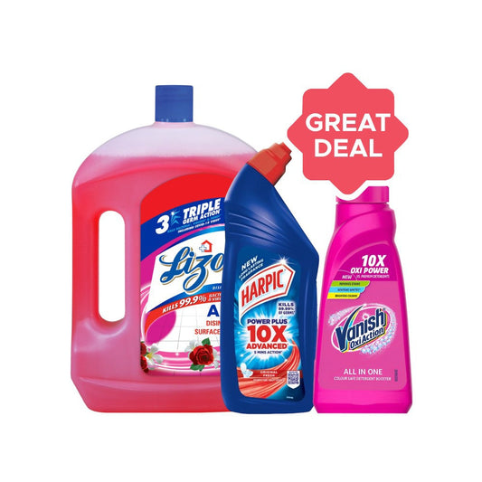 Vanish Oxi Action Fabric Stain Remover (800 ml) + Harpic Disinfectant Liquid Toilet Cleaner - (Original) + Lizol Disinfectant Surface & Floor Cleaner (Floral) Combo : 800 ml + 1 ltr + 2 ltr