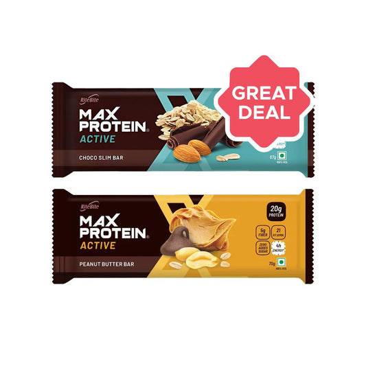 RiteBite Max Protein Active Choco Slim Nutrition Bar + Max Protein Bar (Peanut Butter) Combo : 67 g + 70 g