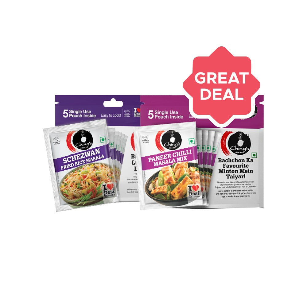 Ching's Secret Schezwan Fried Rice Masala Instant Mix - 5 Single Use Pouches + Paneer Chilli Masala Instant Mix - 5 Single Use Pouches Combo : 5 x 20 g + 5 x 20 g