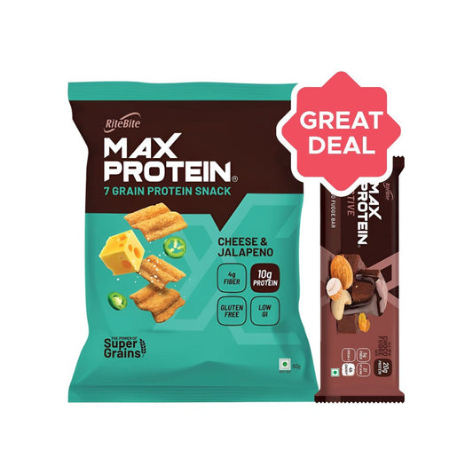 RiteBite Max Protein Active Choco Fudge Nutrition Bar + Max Protein Cheese & Jalapeno Chips Combo : 75 g + 60 g