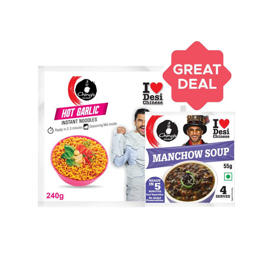 Ching's Secret Hot Garlic Flavoured Instant Noodles + Manchow Soup Combo : 240 g + 55 g