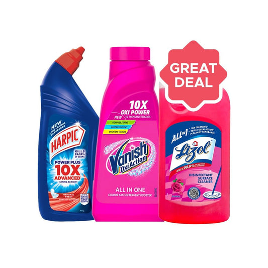 Vanish Oxi Action Fabric Stain Remover + Harpic Disinfectant Liquid Toilet Cleaner - (Original) + Lizol Disinfectant Surface & Floor Cleaner (Floral) Combo : 1 ltr + 400 ml + 1 ltr