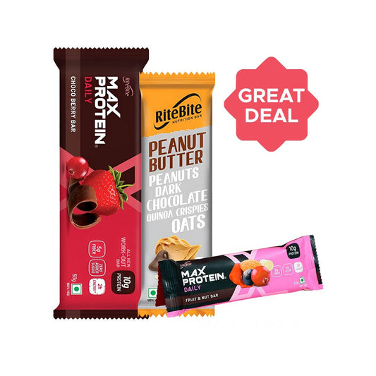 RiteBite Max Protein Daily Choco Berry Protein Bar + Max Protein Energy Bar (Fruit and Nut) + Peanut Butter Dark Chocolate Quinoa Crispies Oats Nutrition Bar Combo : 50 g + 50 g + 40 g