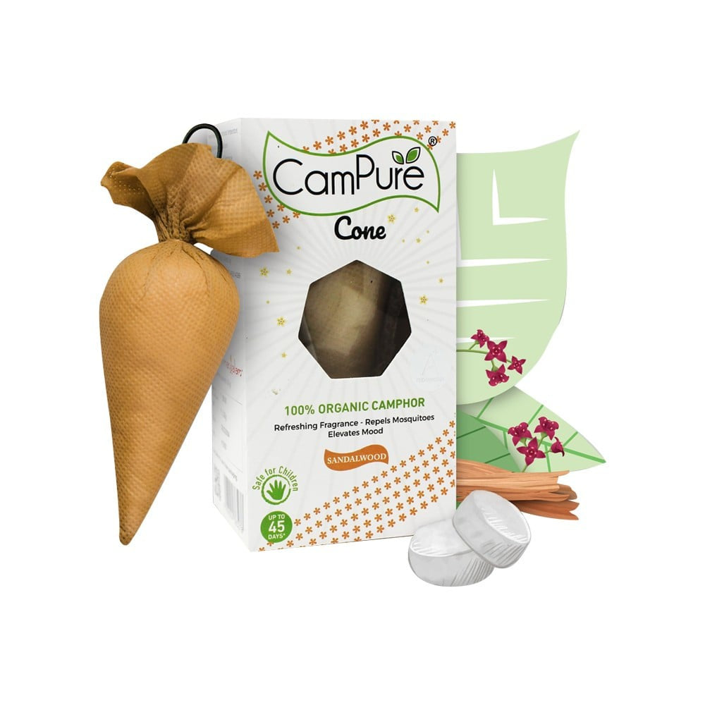 CamPure 100% Organic Camphor Car Freshener Cone - Sandalwood : 60 g