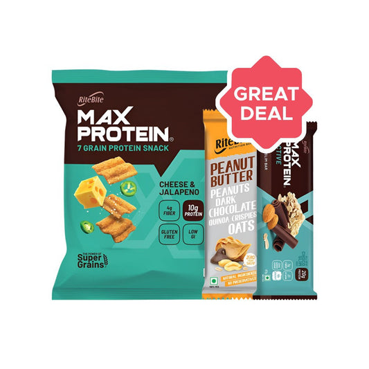 RiteBite Max Protein Cheese & Jalapeno Chips + Max Protein Active Choco Slim Nutrition Bar + Peanut Butter Dark Chocolate Quinoa Crispies Oats Nutrition Bar Combo : 60 g + 67 g + 40 g