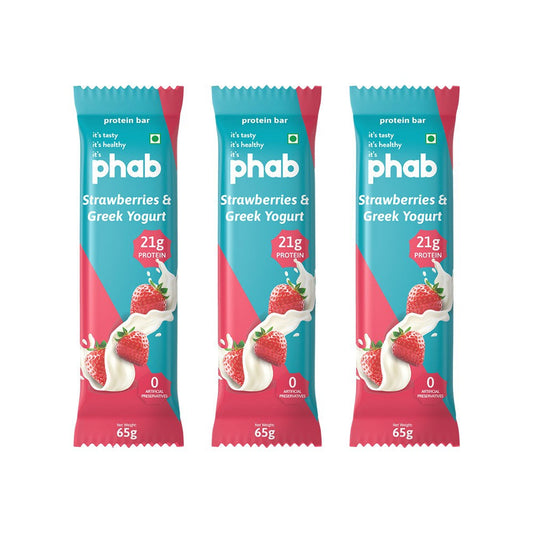 Phab Strawberries & Greek Yogurt Protein Bar - Strawberries & Greek Yogurt (High Fibre & No Added Sugar) : 3 x 65 g