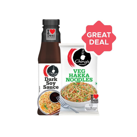 Ching's Secret Veg Hakka Noodles + Dark Soy Sauce Rich, Brown and Zesty Combo : 140 g + 210 g