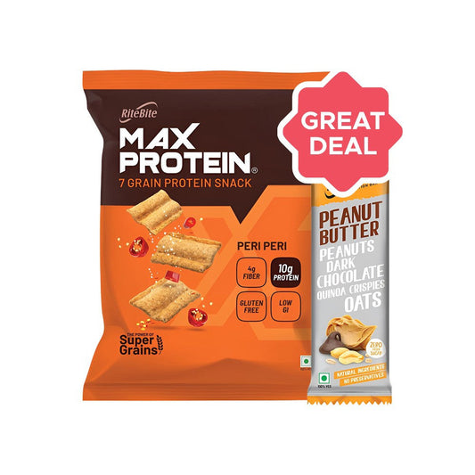 RiteBite Max Protein Peri Peri Chips + Peanut Butter Dark Chocolate Quinoa Crispies Oats Nutrition Bar Combo : 60 g + 40 g