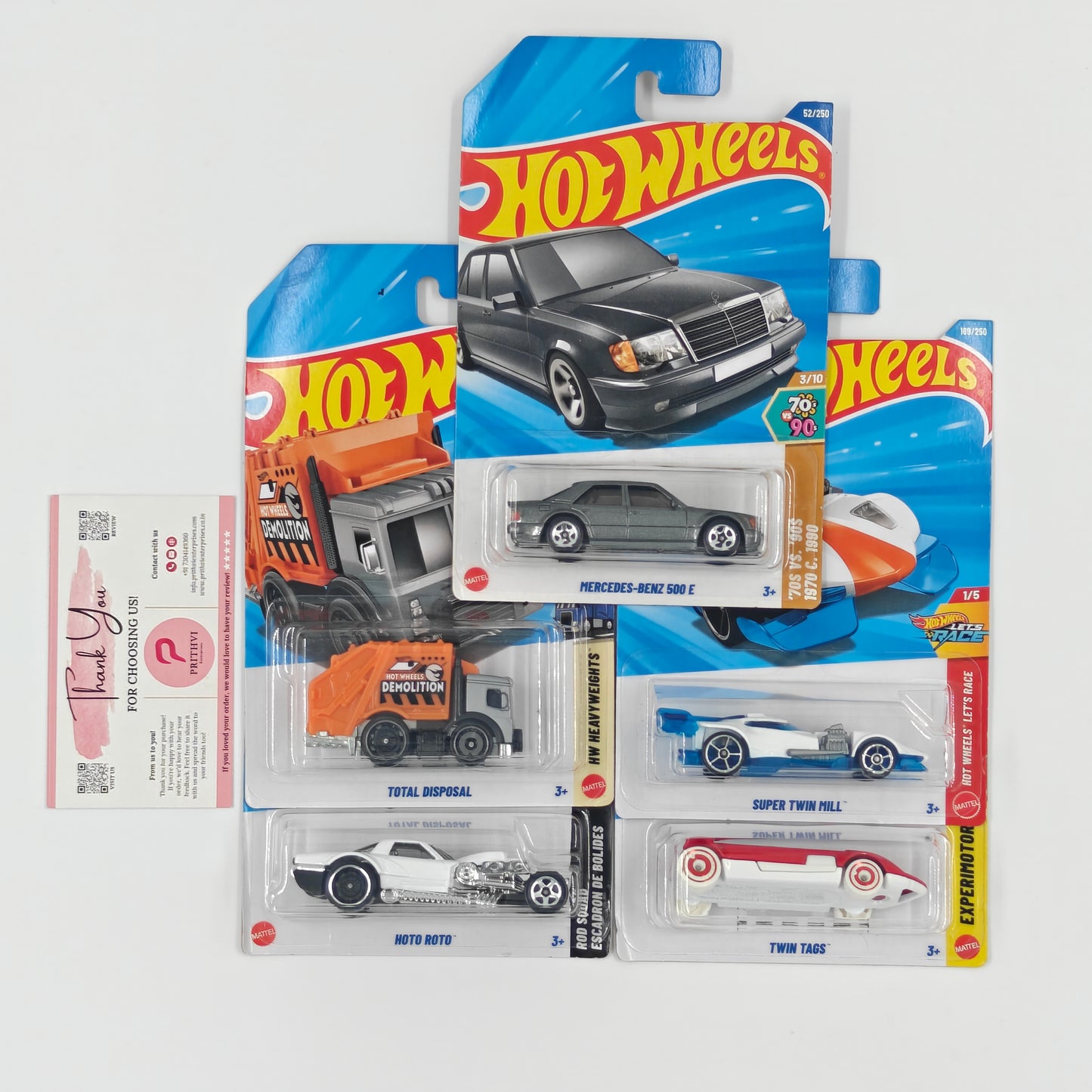 Mercedes-Benz 500 E, Total Disposal, Hoto Roto, Super Twin Mill & Twin Tags by Mattel – Hot Wheels Bundle