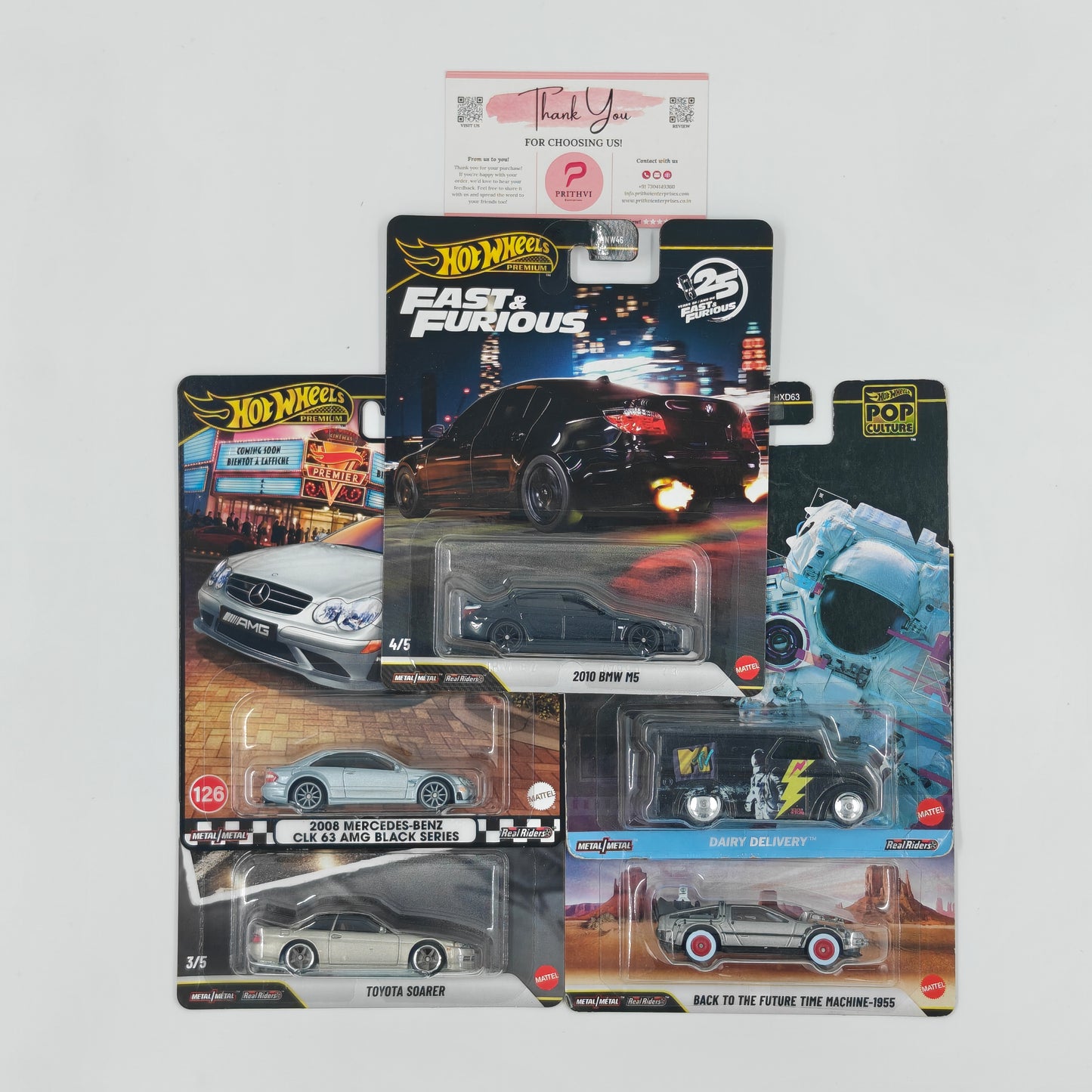 2010 BMW M5 (Fast & Furious), 2008 Mercedes-Benz CLK 63 AMG Black Series, Toyota Soarer, Dairy Delivery & Back to the Future Time Machine – 1955 by Mattel – Hot Wheels Premium Bundle