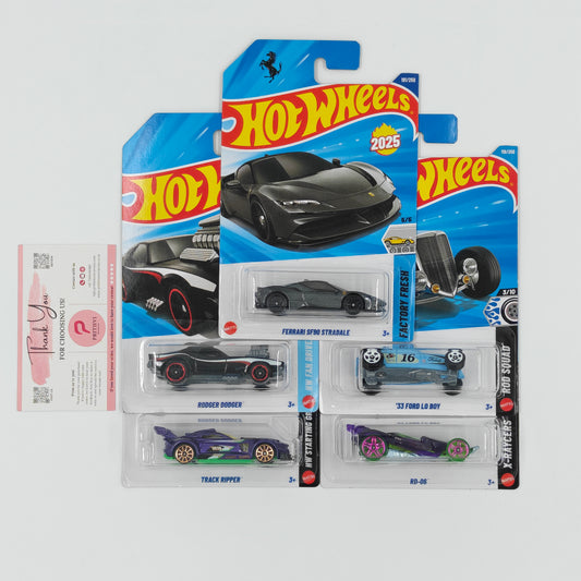 Ferrari SF90 Stradale, Rodger Dodger, Track Ripper, '33 Ford Lo Boy & RD-06 by Mattel – Hot Wheels 5-Car Bundle - Prithvi Enterprises