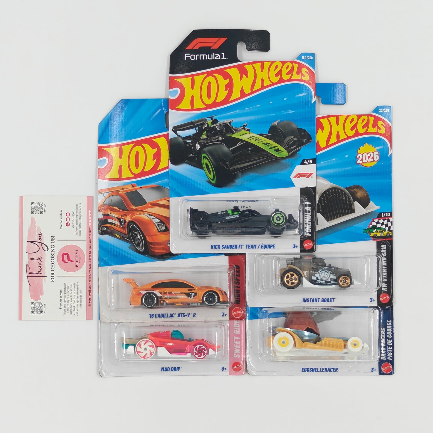 Kick Sauber F1 Team / Équipe, '76 Cadillac ATS-V R, Instant Boost, Mad Drip & Eggshelleracer by Mattel – Hot Wheels Bundle