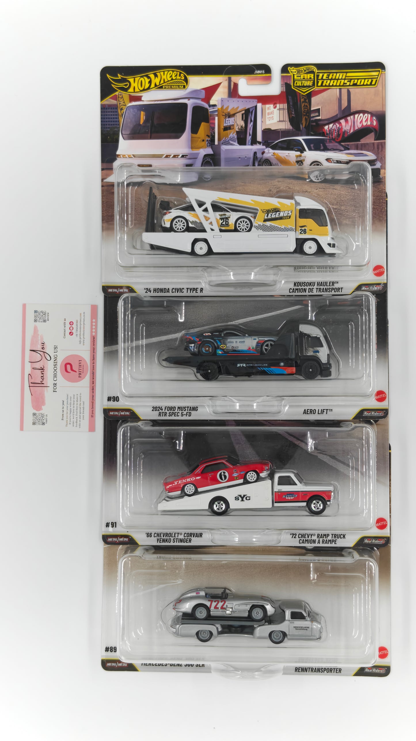Car Culture Team Transport (Set of 4)  -  Honda Civic, Mustang RTR, Corvair Yenko & Mercedes 300 SLR by Mattel - Hot Wheels Premium Bundle