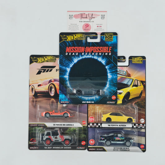 2021 BMW M5 (Mission: Impossible – Dead Reckoning), '66 Porsche 906 Carrera 6 (Forza), '98 Toyota Altezza, '92 Jeep Wrangler Sahara (Jurassic Park) & Datsun King Cab Baja Custom / Personnalisé by Mattel – Hot Wheels Premium Bundle - Prithvi Enterprises