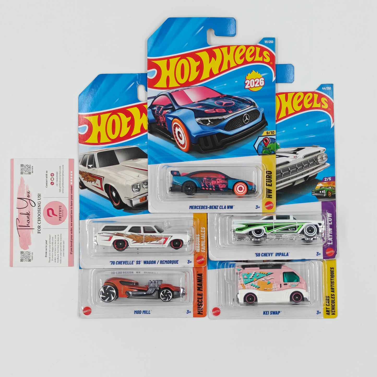 Mercedes-Benz CLA NW, '59 Chevy Impala, '70 Chevelle SS Wagon, Mod Mill & Kei Swap by Mattel – Hot Wheels 5-Car Bundle