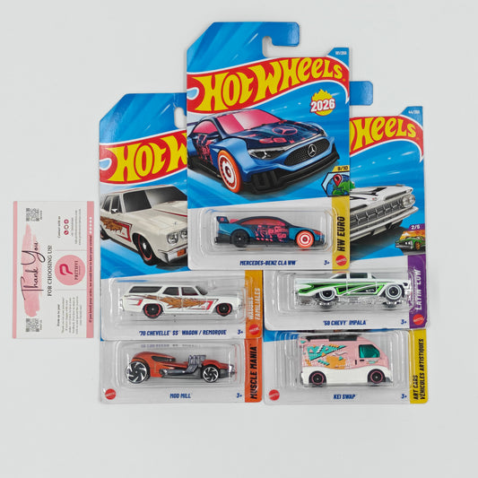 Mercedes-Benz CLA NW, '59 Chevy Impala, '70 Chevelle SS Wagon, Mod Mill & Kei Swap by Mattel – Hot Wheels 5-Car Bundle - Prithvi Enterprises