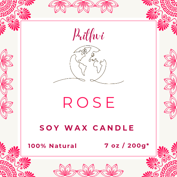Prithvi Handmade Soy Wax Candle with "Rose" Fragrance (200g/7oz, 40 Hours Burn Time)