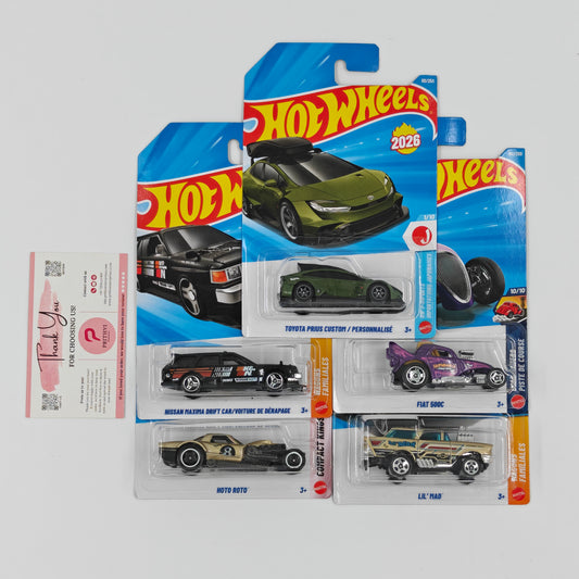 Toyota Prius Custom / Personnalisé, Nissan Maxima Drift Car / Voiture de Dérapage, Hoto Roto, Fiat 500C & Lil' Mad by Mattel – Hot Wheels Bundle - Prithvi Enterprises