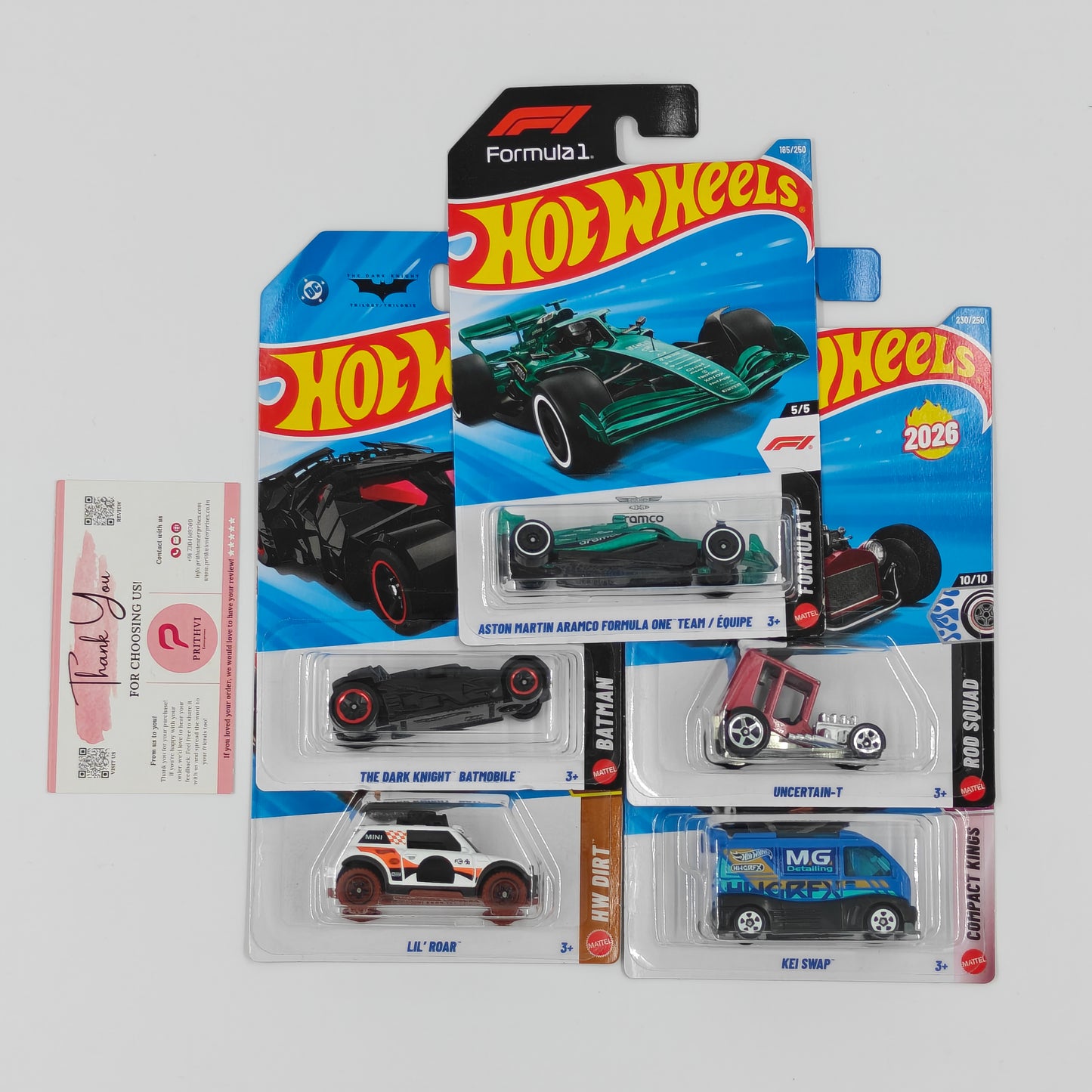 Aston Martin Aramco Formula One Team / Équipe, The Dark Knight Batmobile, Lil' Roar, Uncertain-T & Kei Swap by Mattel – Hot Wheels Bundle