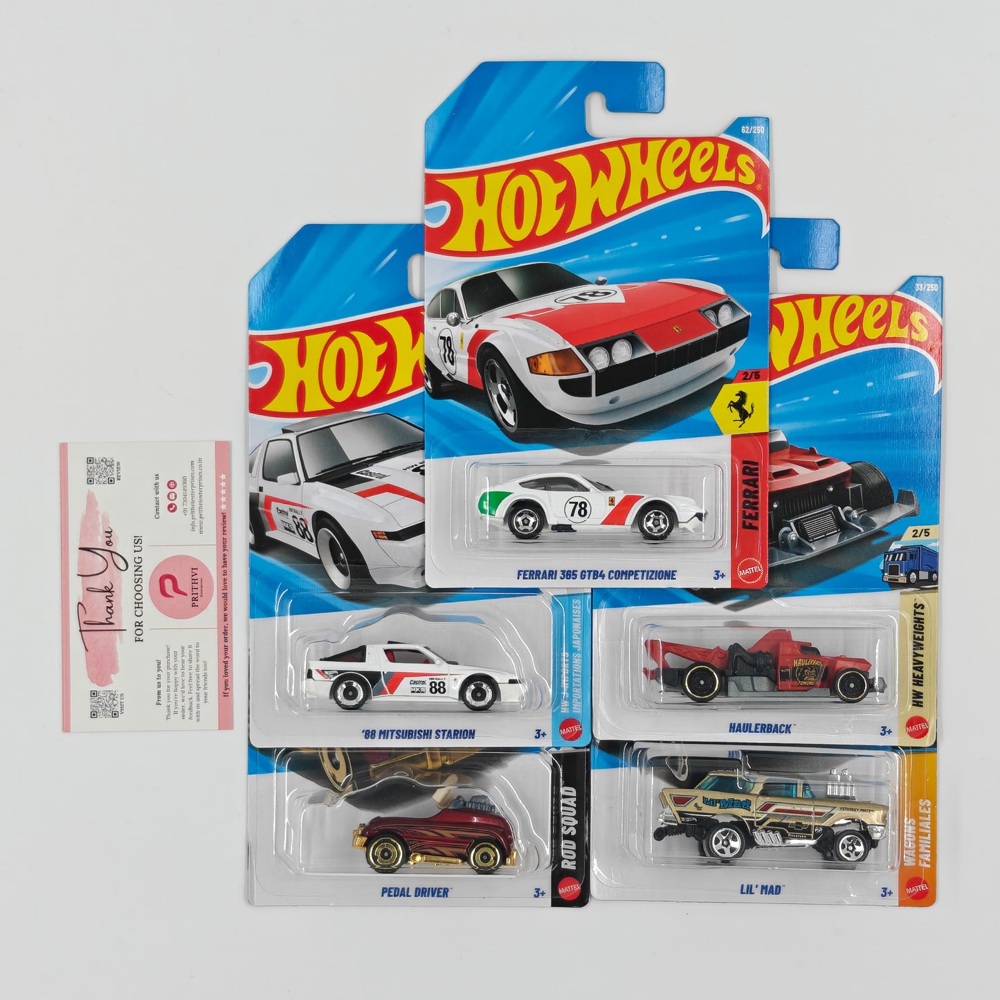 Ferrari 365 GTB4 Competizione, '88 Mitsubishi Starion, Haulerback, Pedal Driver & Lil' Mad by Mattel – Hot Wheels 5-Car Bundle